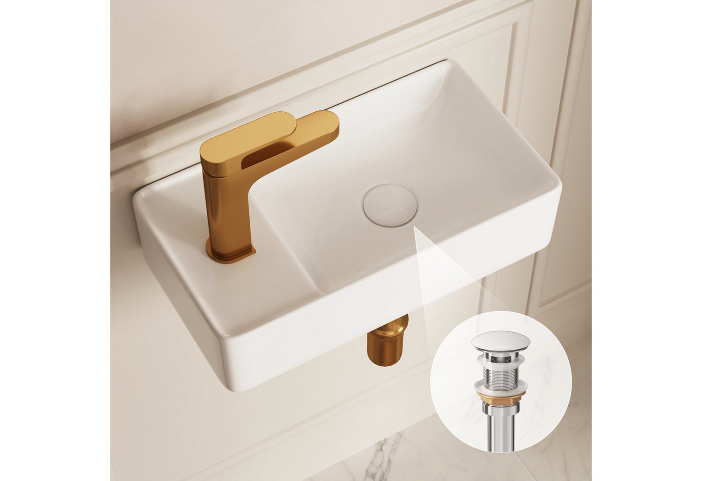 DeerValley Waschbecken Kleines Waschbecken für Gäste-WC zur Wandmontage (Set, Mit Waschbecken und Ablaufgarnitur, ohne Wasserhahn) Bild 5