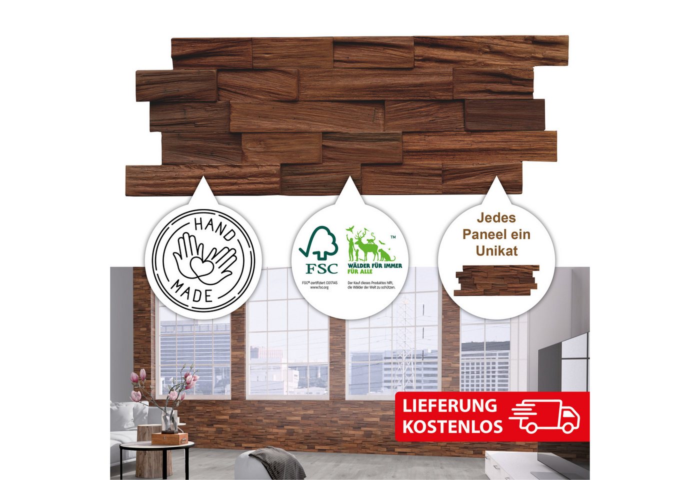 INDO 3D Wandpaneel Muster Axewood FSC Bangkirai, BxL: 20,00x50,00 cm