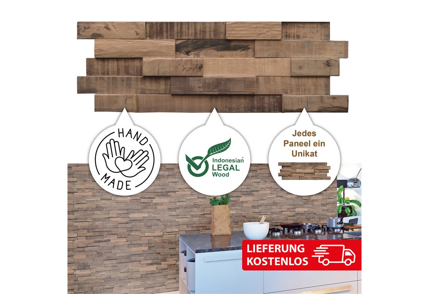 INDO 3D Wandpaneel Muster Echtholzpaneel Slimwood Hevea, BxL: 20,00x56,00 cm, (Packung, Versandkostenfreie Lieferung) Bild 2