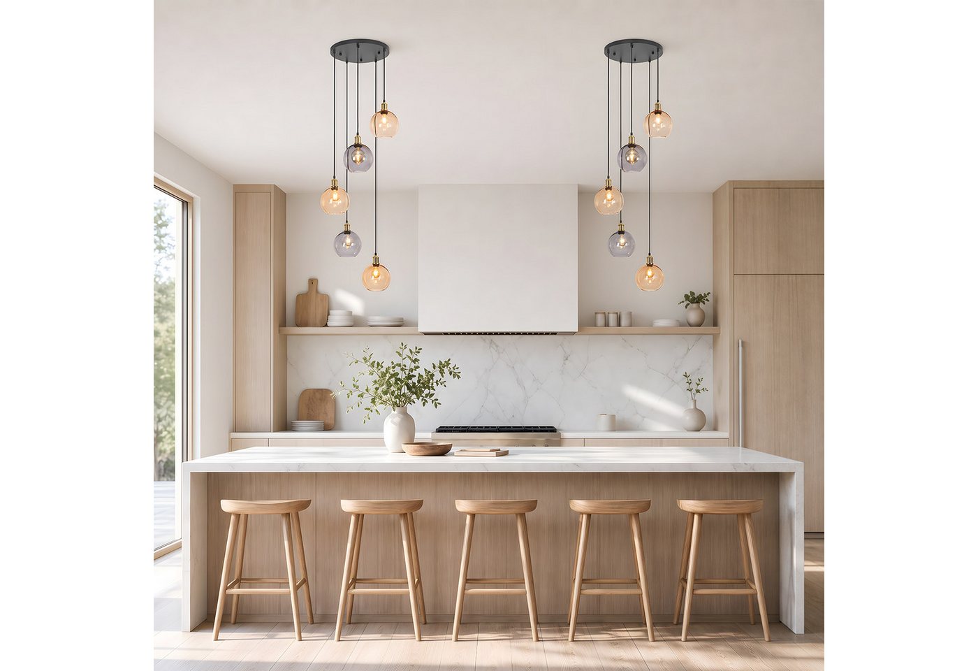 Nettlife Pendelleuchte Esstisch Treppenhaus Glas kugel Hängelampe 5/7flammig 160/190cm, ohne Leuchtmittel, Buntglas Hängeleuchte für Villa Wohnzimmer Flur Galerie hohe Räume Bild 2