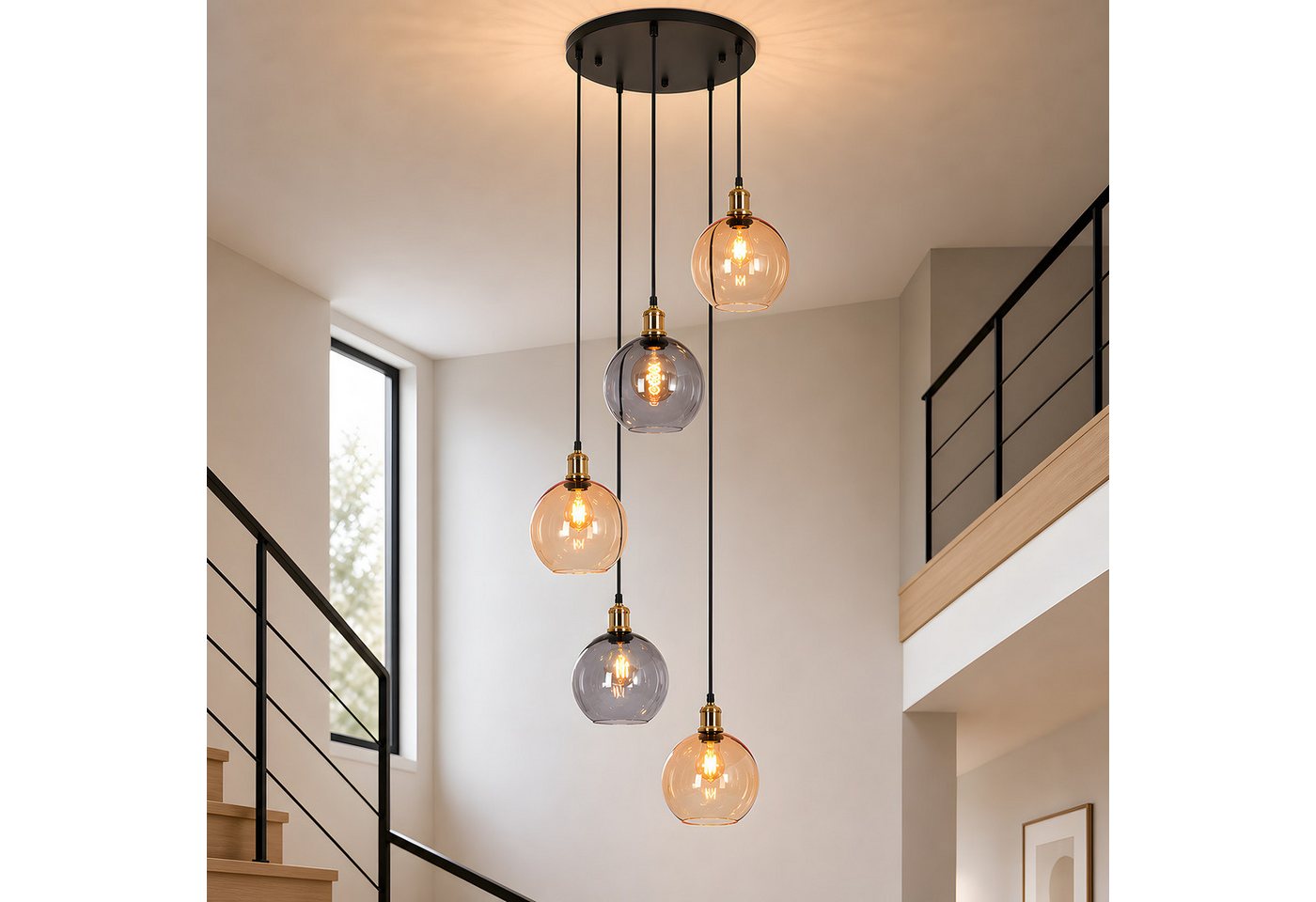 Nettlife Pendelleuchte Esstisch Treppenhaus Glas kugel Hängelampe 5/7flammig 160/190cm, ohne Leuchtmittel, Buntglas Hängeleuchte für Villa Wohnzimmer Flur Galerie hohe Räume Bild 5