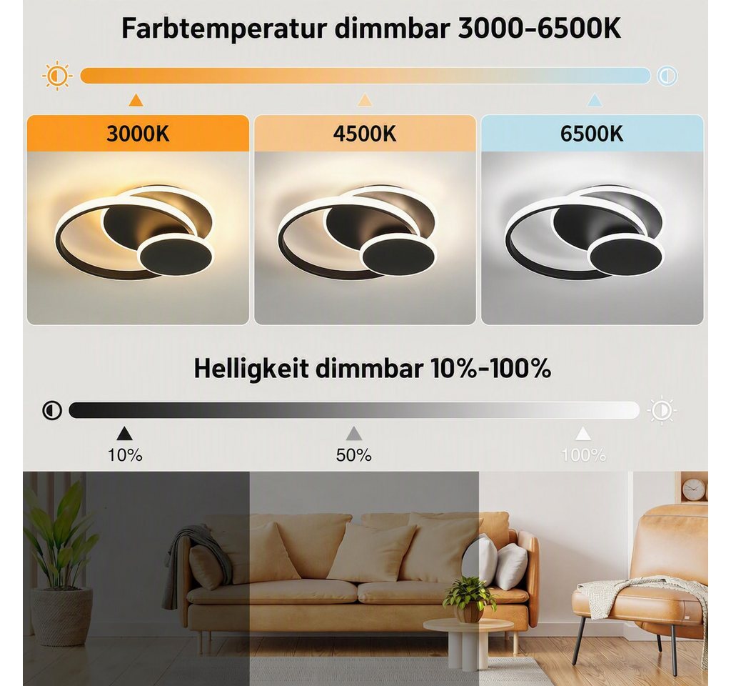 BlingBin LED Deckenleuchte dimmbar 3 Ringe Deckenlampe 33 W, 1819 lm, Bluetooth App, Schwarz, 3-Ringe, LED fest integriert, Warmweiß, Kaltweiß, Neutralweiß, für Wohnzimmer Schlafzimmer Büro Küche Esszimmer und Flur
