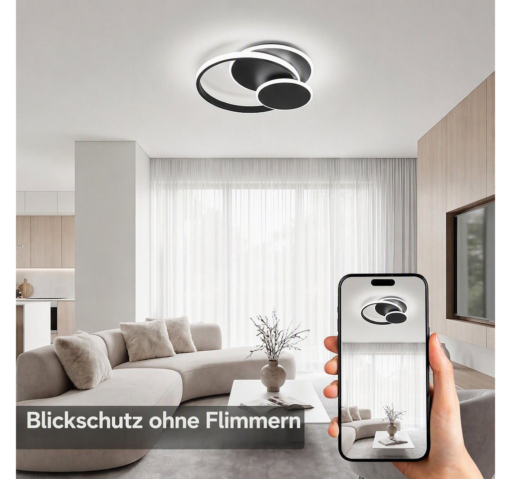 BlingBin LED Deckenleuchte dimmbar 3 Ringe Deckenlampe 33 W, 1819 lm, Bluetooth App, Schwarz, 3-Ringe, LED fest integriert, Warmweiß, Kaltweiß, Neutralweiß, für Wohnzimmer Schlafzimmer Büro Küche Esszimmer und Flur Bild 4