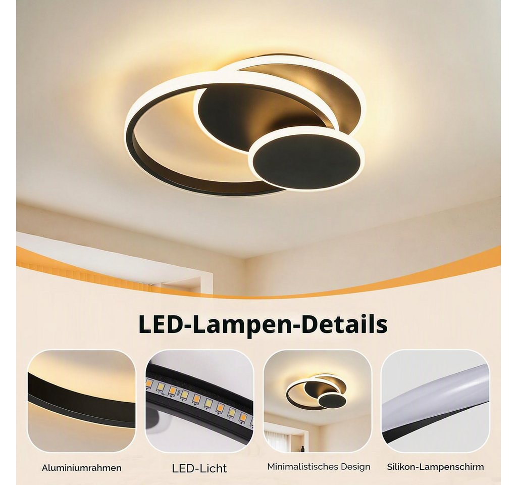 BlingBin LED Deckenleuchte dimmbar 3 Ringe Deckenlampe 33 W, 1819 lm, Bluetooth App, Schwarz, 3-Ringe, LED fest integriert, Warmweiß, Kaltweiß, Neutralweiß, für Wohnzimmer Schlafzimmer Büro Küche Esszimmer und Flur Bild 5
