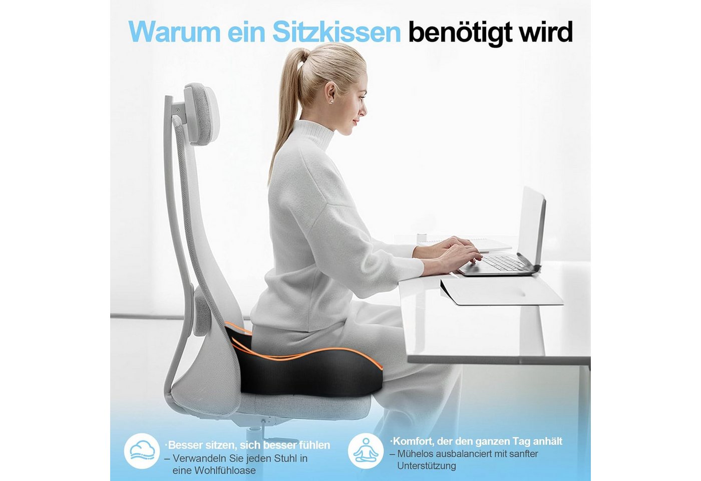 POPOLIC Sitzkissen Sitzkissen aus Memory Schaum für Bürostuhl & Auto, Waschbarer Bezug, Sitzkissen Für Bürostuhl, Autositz & Homeoffice, rutschfest Bild 4