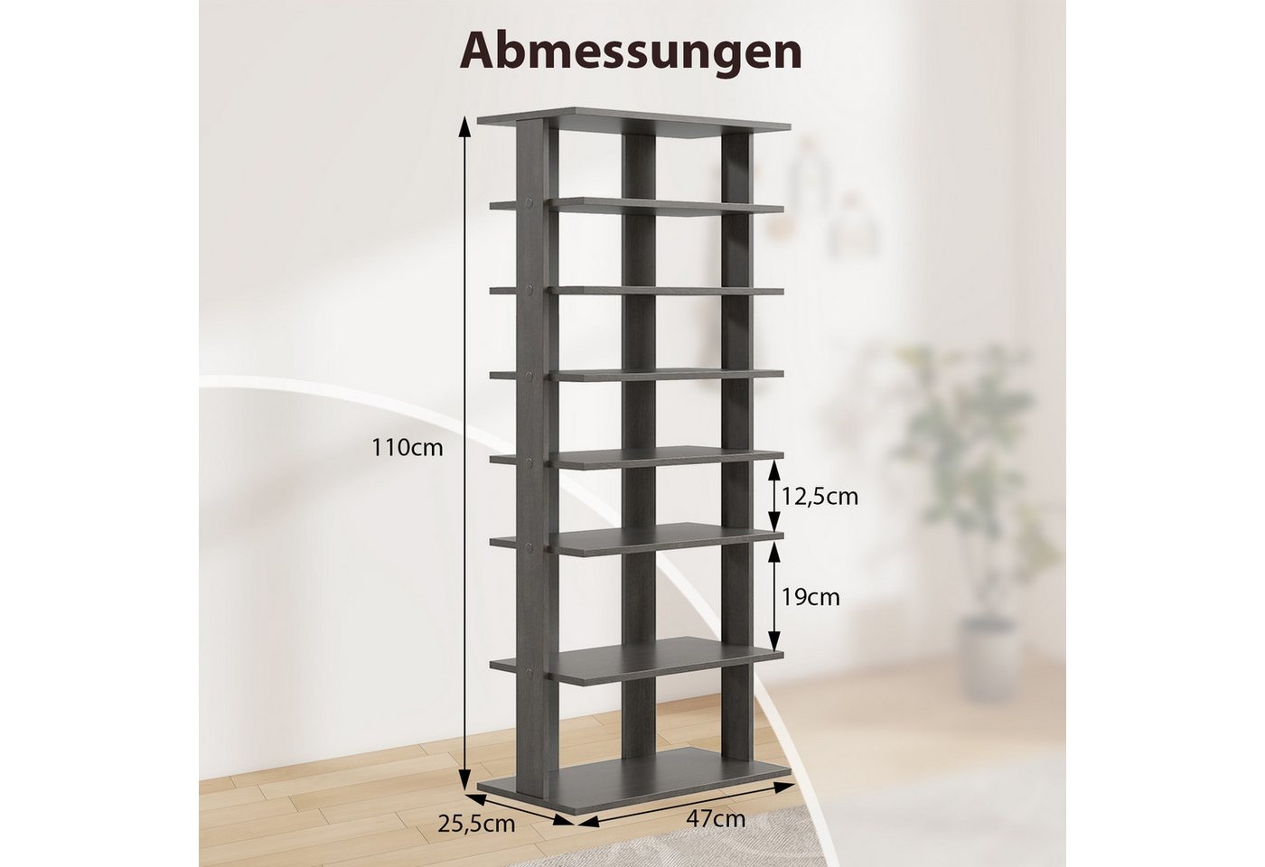 COSTWAY Schuhregal schmal 8 Ebene, mit verstellbaren Regalhöhen, 110cm, Platzsparendes Schuhregal aus Holz Bild 2