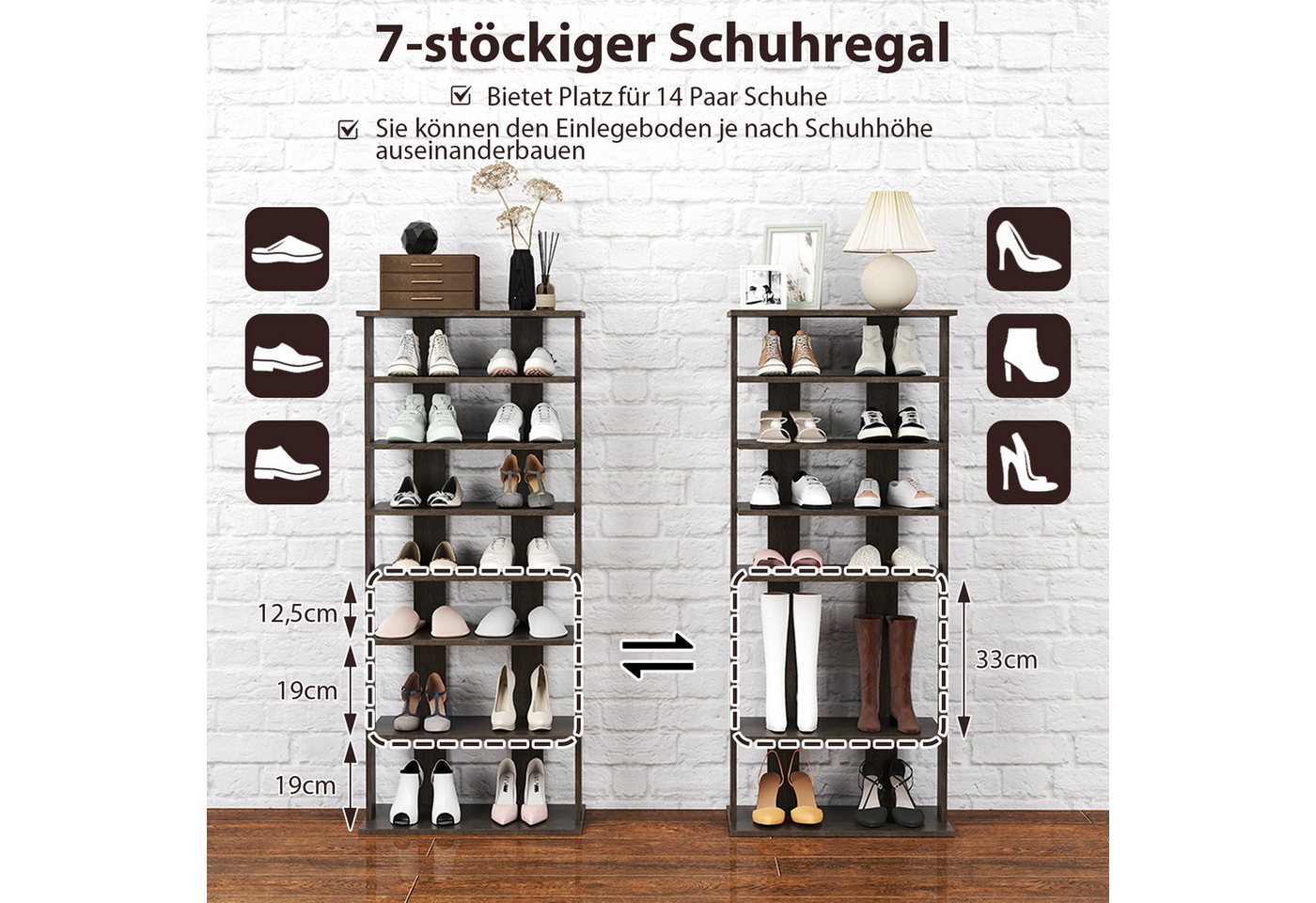 COSTWAY Schuhregal schmal 8 Ebene, mit verstellbaren Regalhöhen, 110cm, Platzsparendes Schuhregal aus Holz Bild 3