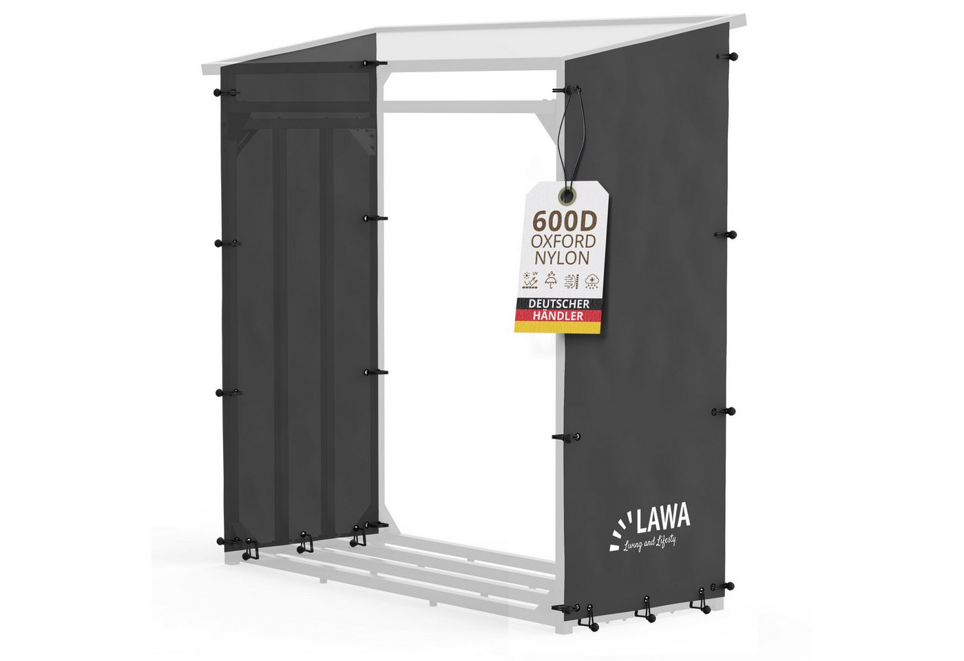 LAWA Living and Lifestyle Schutzplane 2 Seitenplanen für 70cm Kaminholzregal Feuerholzregal Abdeckung (2er Set), incl. Befästigungsbänder Bild 2