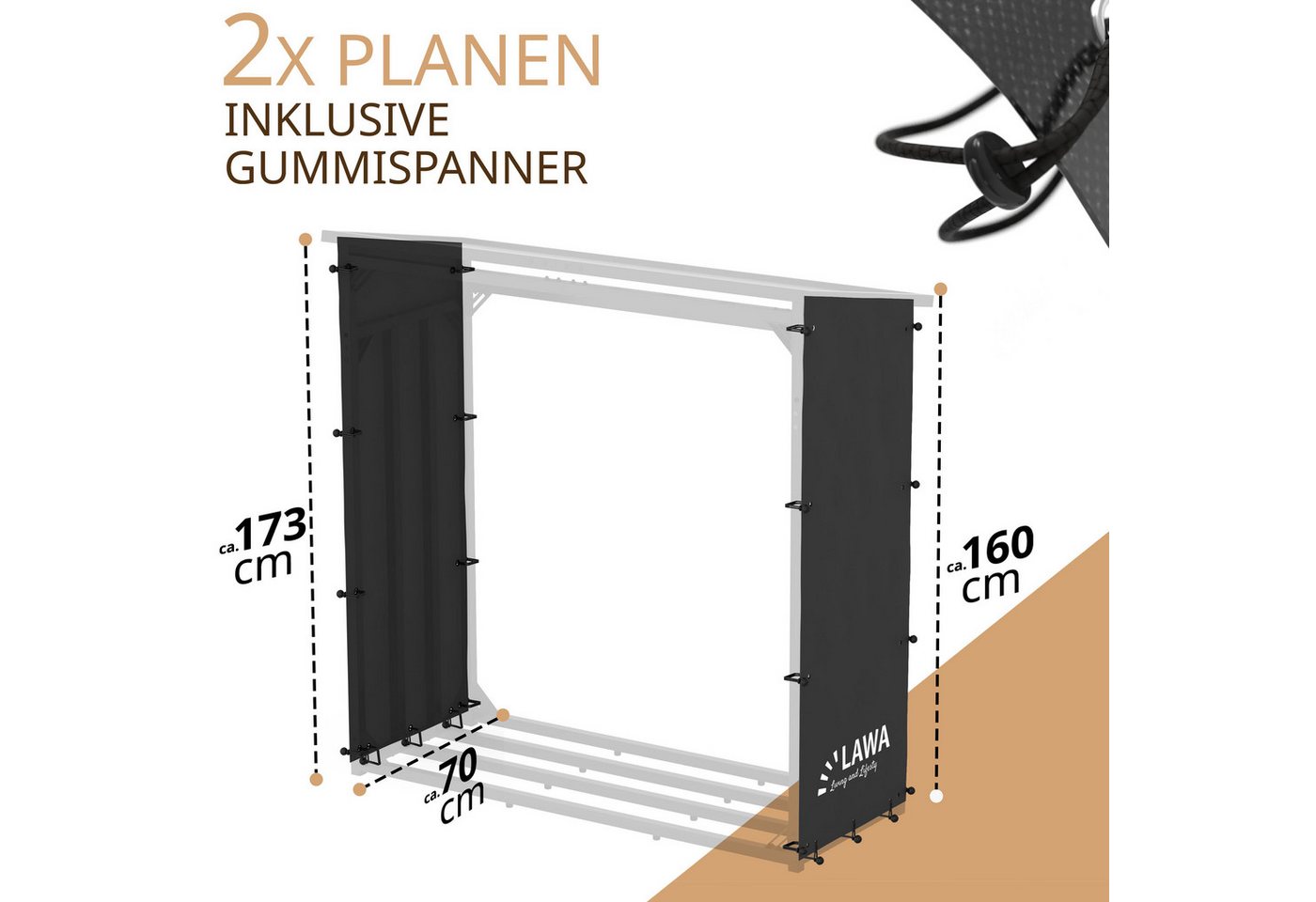 LAWA Living and Lifestyle Schutzplane 2 Seitenplanen für 70cm Kaminholzregal Feuerholzregal Abdeckung (2er Set), incl. Befästigungsbänder Bild 4