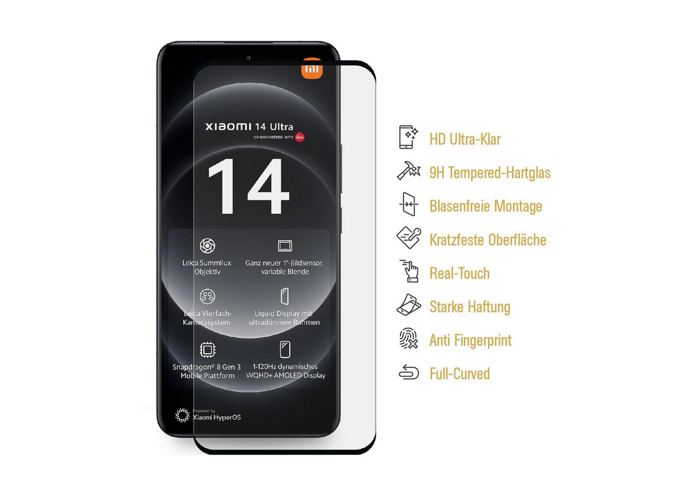 Protectorking Schutzfolie 2x 9H Panzerhartglas für Xiaomi 14 Ultra FULL CURVED echtes Tempered, (2-Stück), Displayschutzglas, Schutzglas Echtglas Tempered 9H Härte HD-KLAR