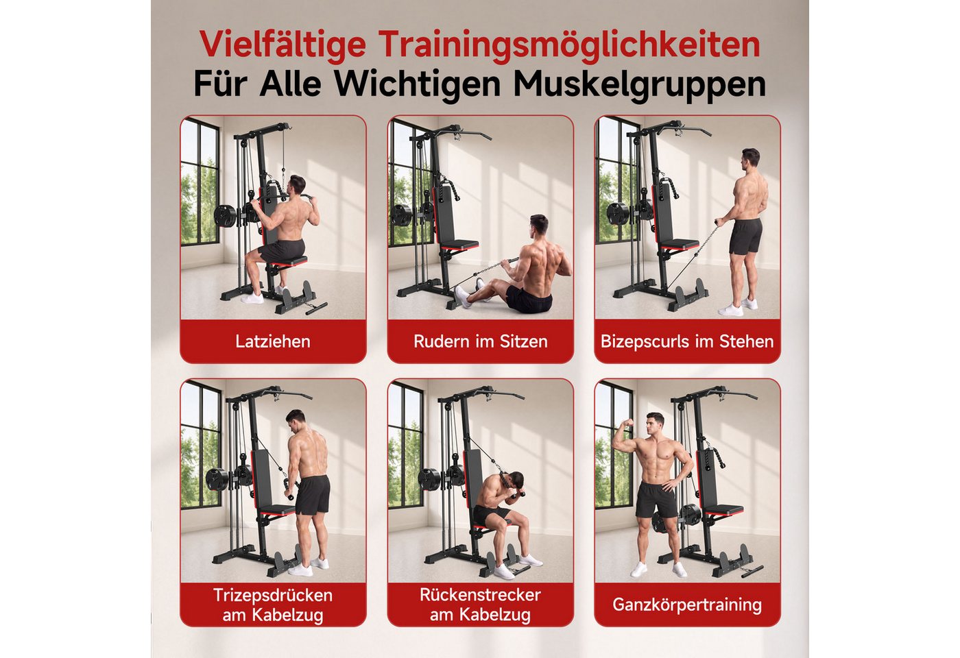Gywowken Kraftstation 6-in-1 - insgesamt 50 kg, 10 Gewichtsblöcke, 10 Gewichtsblöcke (Set, Fitnessgeräte für Homegym Krafttraining bis 150 kg), Heimfitnessstation mit Latzugstange, Trizepsseil & Bizeps-Stange Bild 2