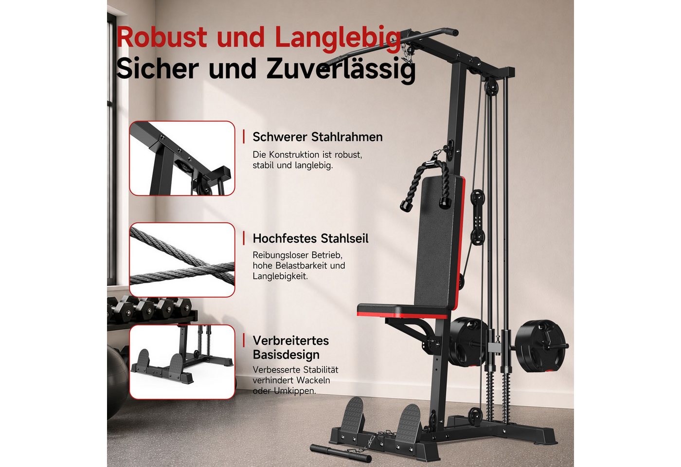Gywowken Kraftstation 6-in-1 - insgesamt 50 kg, 10 Gewichtsblöcke, 10 Gewichtsblöcke (Set, Fitnessgeräte für Homegym Krafttraining bis 150 kg), Heimfitnessstation mit Latzugstange, Trizepsseil & Bizeps-Stange Bild 4