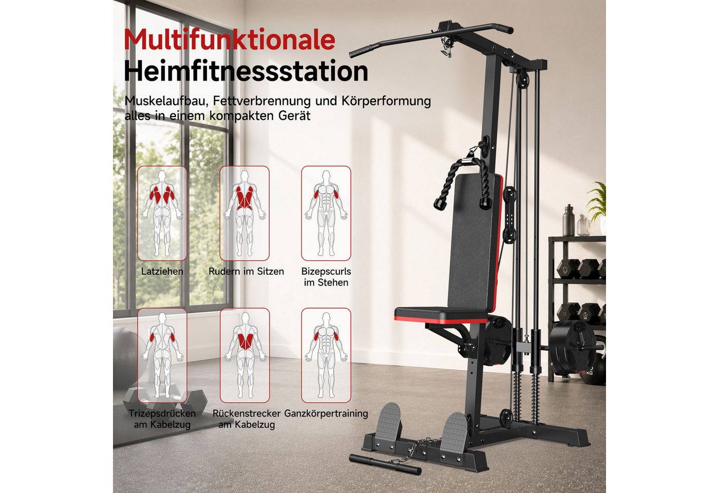 Gywowken Kraftstation 6-in-1 - insgesamt 50 kg, 10 Gewichtsblöcke, 10 Gewichtsblöcke (Set, Fitnessgeräte für Homegym Krafttraining bis 150 kg), Heimfitnessstation mit Latzugstange, Trizepsseil & Bizeps-Stange Bild 5