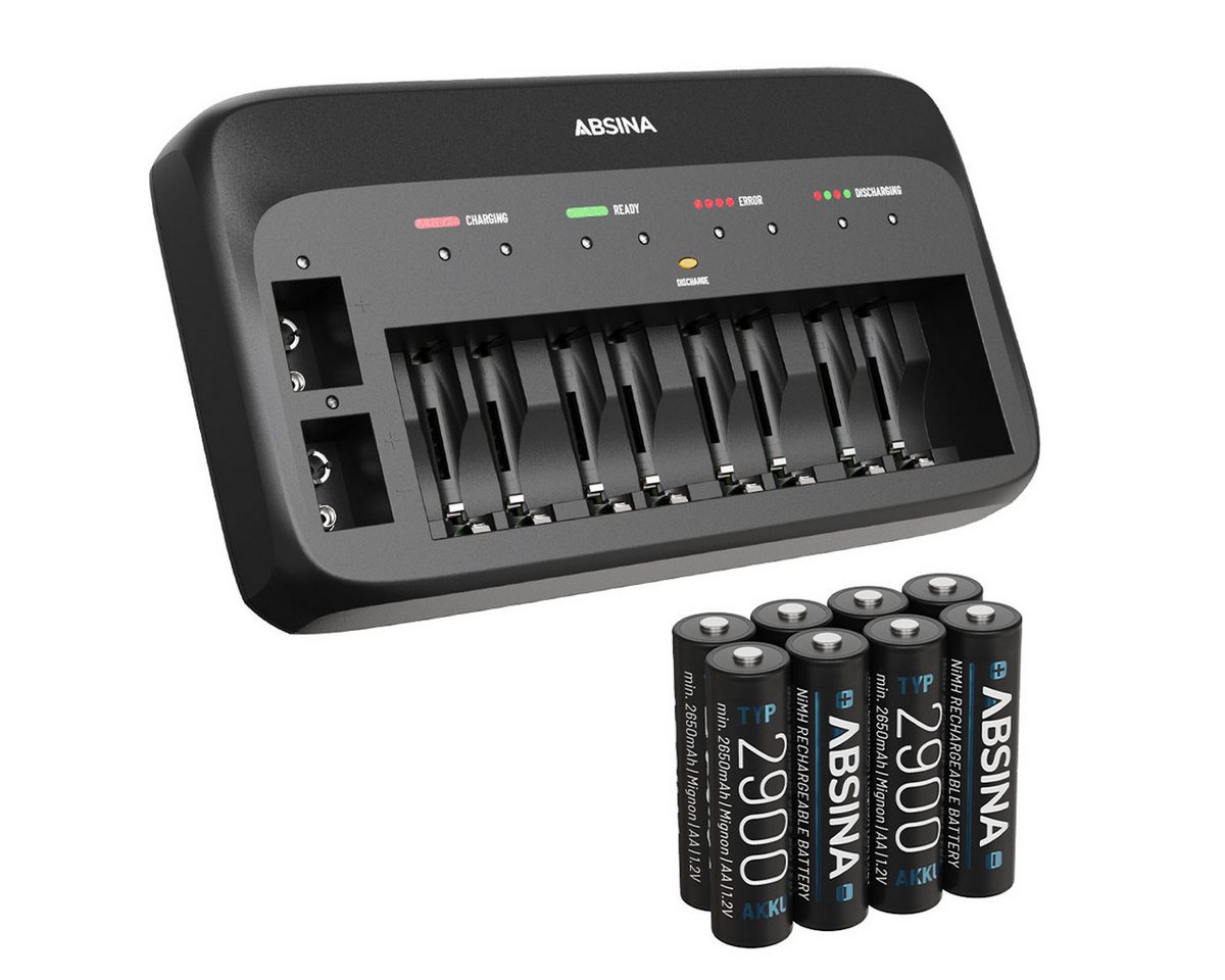 ABSINA X10 Akkuladegerät für AA, AAA & 9V - Batterieladegerät inkl. 8x Akkus Rundzellen-Lader (1-tlg) Bild 2