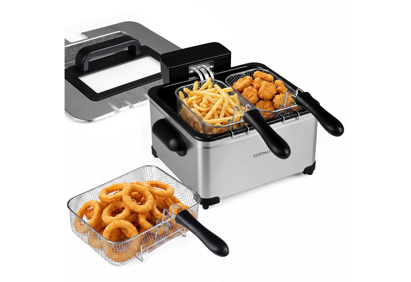 COSTWAY Fritteuse, 2000 W, mit Öl, 3 Körben, LED, 6 Programme, Frittiertopf