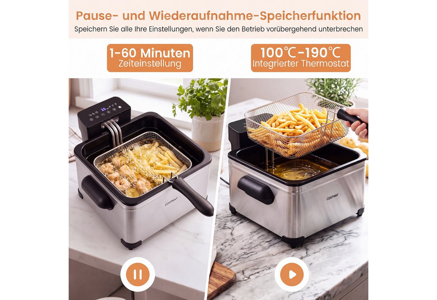 COSTWAY Fritteuse, 2000 W, mit Öl, 3 Körben, LED, 6 Programme, Frittiertopf Bild 2