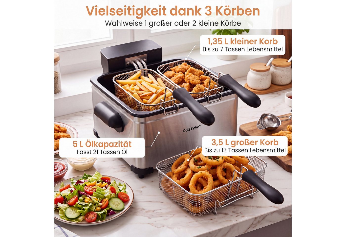 COSTWAY Fritteuse, 2000 W, mit Öl, 3 Körben, LED, 6 Programme, Frittiertopf Bild 4