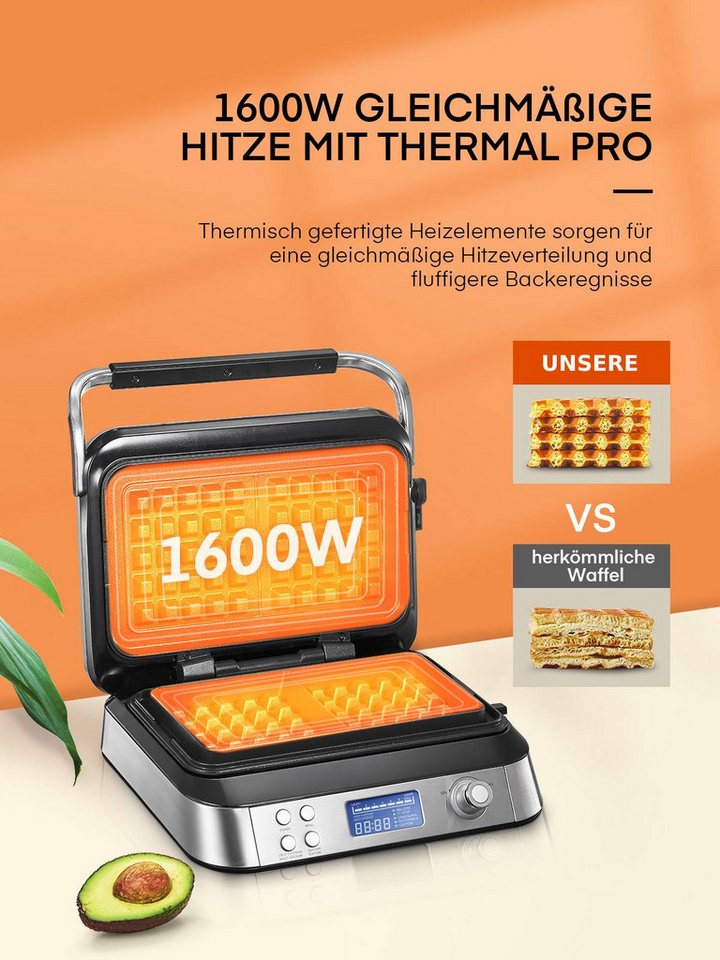 FOHERE Waffeleisen Doppelwaffeleisen, 5 Programme/7 Stufen, LCD/Timer, 1600 W