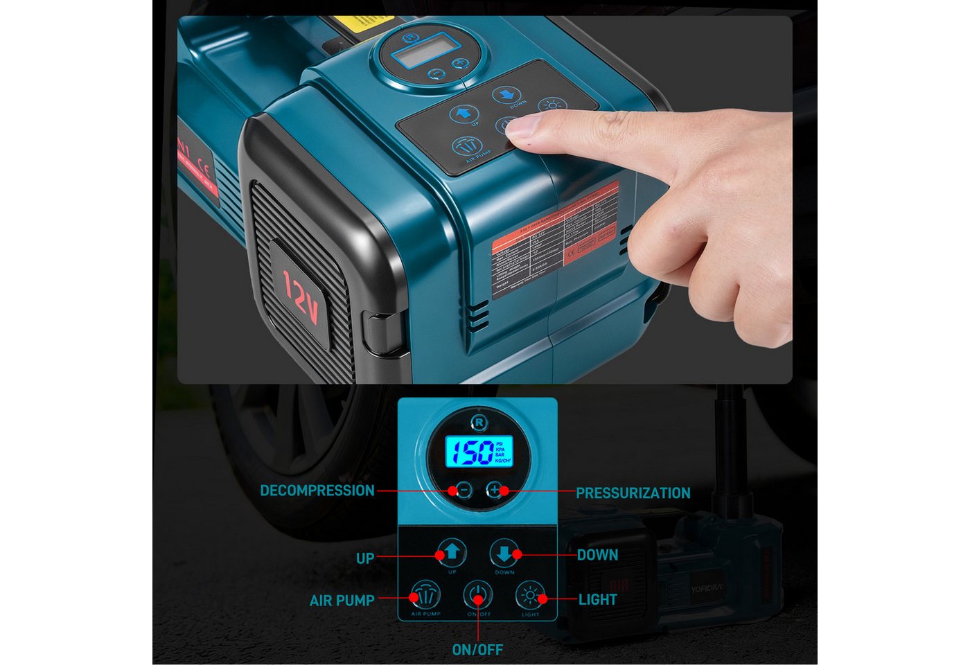 Yofidra Wagenheber Elektrisch Hydraulischer Wagenheber 5T mit Luftpumpe & LED-Licht, max. Hubhöhe: 53 cm, 1-tlg., 12V Auto Wagenheber, Hubhöhe 13,5–53 cm für PKW, SUV, MPV und Pickup Bild 2