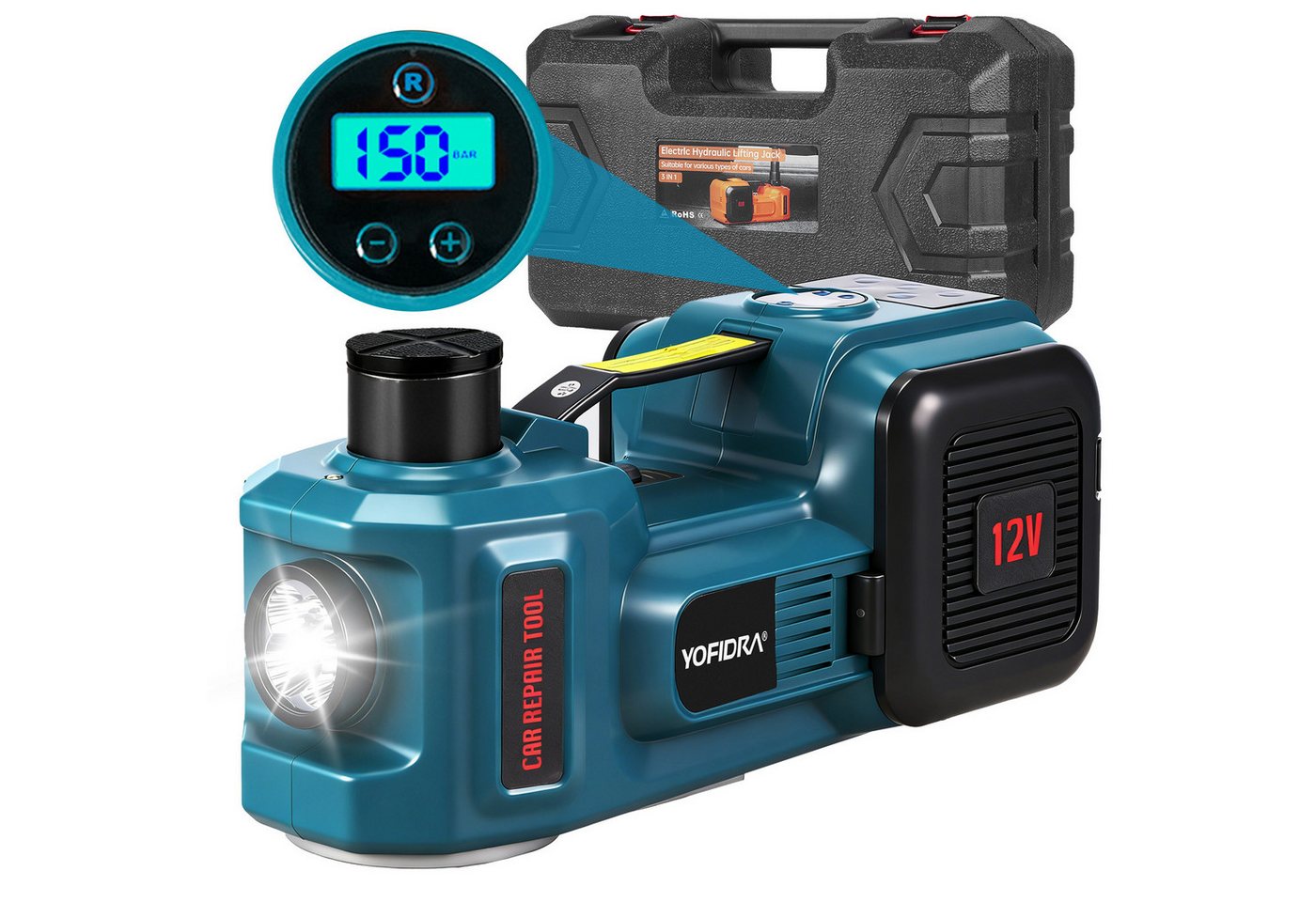 Yofidra Wagenheber Elektrisch Hydraulischer Wagenheber 5T mit Luftpumpe & LED-Licht, max. Hubhöhe: 53 cm, 1-tlg., 12V Auto Wagenheber, Hubhöhe 13,5–53 cm für PKW, SUV, MPV und Pickup Bild 5