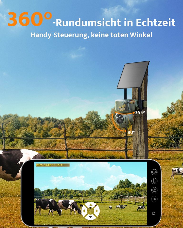 Usogood Wildkamera 4G LTE Überwachungskamera Solar Wildkamera Live-App via SIM (Außenbereich Sicherheit, Wild & Jagd, für Wildlife Monitoring, 2K Überwachungskamera Akku mit SIM Karte, 1-tlg., Outdoor Kamera Kabellos mit Bewegungsmelder Wasserdicht, Nachtsicht Farbe Jagdkamera für Naturbeobachtung, Jagd) Bild 2