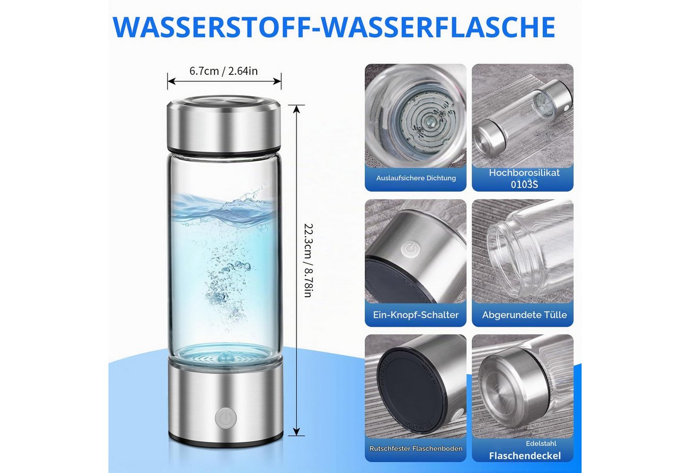 AIBISTAR Trinkflasche Wasserstoff-Wasserflasche, 450 ml, 3 Min., USB-C, tragbar, Mikro-Elektrolyse-Technologie,Perfektes Gesundheitsgeschenk Bild 4