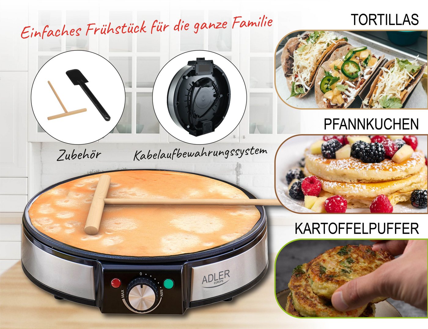 Adler Crêpesmaker Pfannkuchen Crepes Crêpes Maker 30cm antihaftbeschichtet 1600 Watt, 1200 W, Heizplattendurchmesser: 30 cm Bild 2