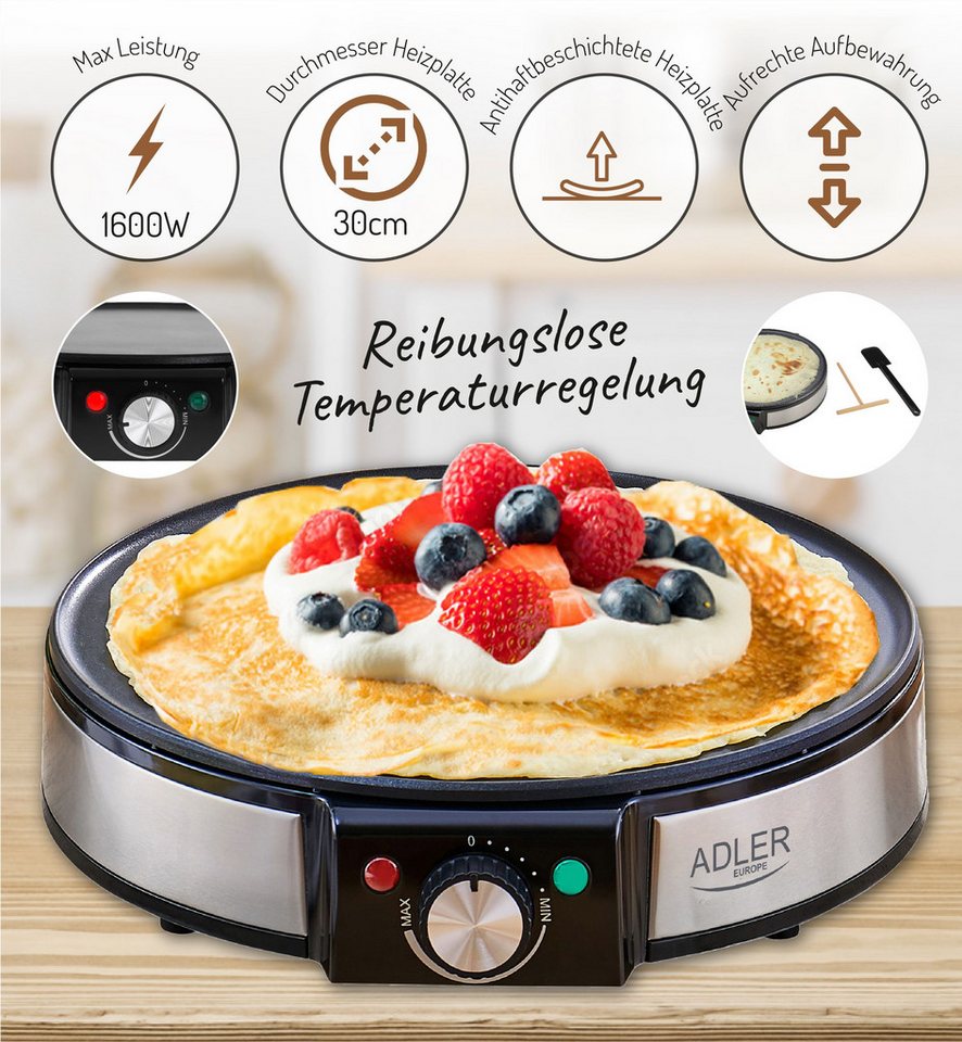 Adler Crêpesmaker Pfannkuchen Crepes Crêpes Maker 30cm antihaftbeschichtet 1600 Watt, 1200 W, Heizplattendurchmesser: 30 cm Bild 5