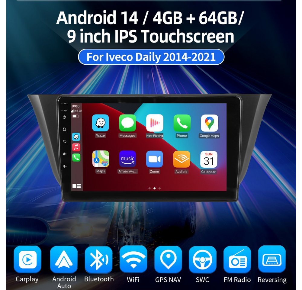ESSGOO DAB+ Für Iveco Daily 2014-21 Autoradio Android15 CarPlay GPS Navi WIFI Autoradio (RDS, 4+64GB(optional), FM, AM, DAB+ (optional), Carplay Android Auto Bluetooth EQ USB GPS Navi WIFI Touchscreen) Bild 3