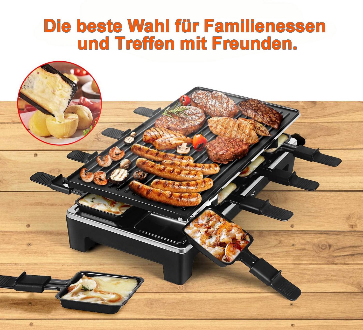 Vornix Tischgrill Raclette Tischgrill 1500W mit 8 antihaftbeschichteten Pfännchen, Wendbarer Grillplatte für Familienabende & Party
