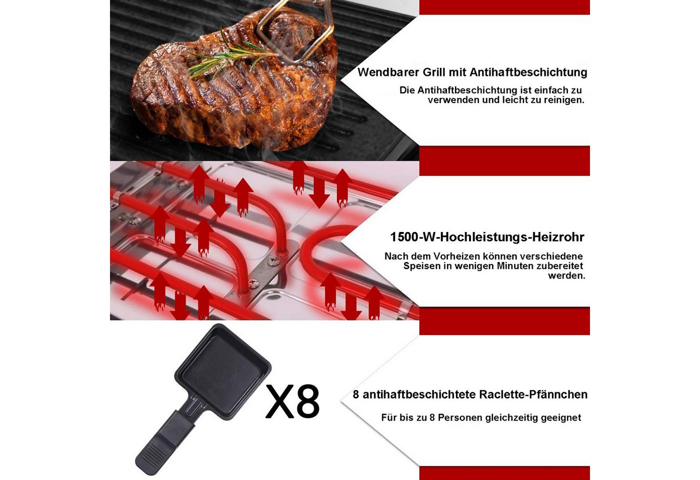 Vornix Tischgrill Raclette Tischgrill 1500W mit 8 antihaftbeschichteten Pfännchen, Wendbarer Grillplatte für Familienabende & Party Bild 3