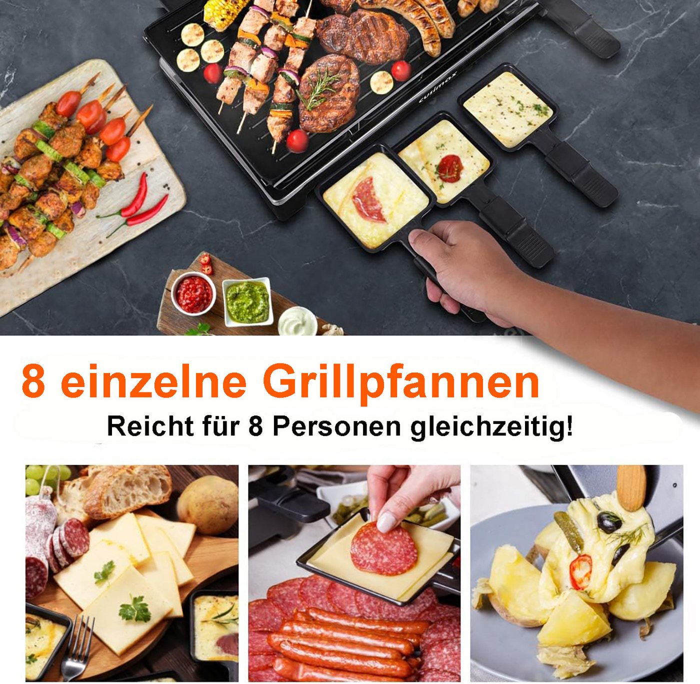 Vornix Tischgrill Raclette Tischgrill 1500W mit 8 antihaftbeschichteten Pfännchen, Wendbarer Grillplatte für Familienabende & Party Bild 4