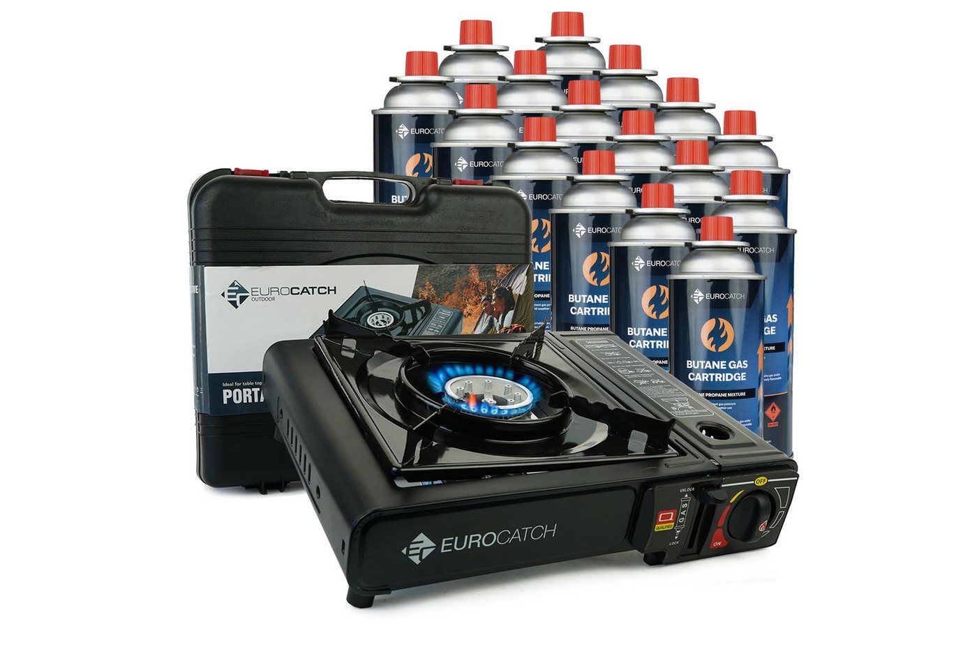 Eurocatch Fishing Gaskocher Eurocatch Camping-Gaskocher, (Set, 12-St), kompakt, integriertes Kartuschenfach, ohne Batterien verwendbar