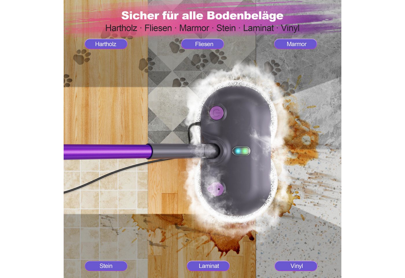INSE Dampfreiniger F6 E-rotier-Dampfmop mit 450‑ml‑Wassertank/höhenverstellbar/LED‑Blt., 1500 W, 4 waschbare Mikrofaser‑Pads/7m Netzkabel für Fliesen/Laminat/Hartböden Bild 2