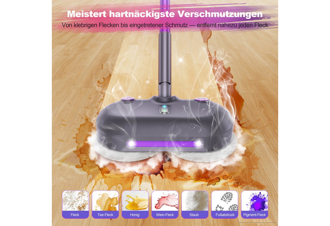 INSE Dampfreiniger F6 E-rotier-Dampfmop mit 450‑ml‑Wassertank/höhenverstellbar/LED‑Blt., 1500 W, 4 waschbare Mikrofaser‑Pads/7m Netzkabel für Fliesen/Laminat/Hartböden Bild 3