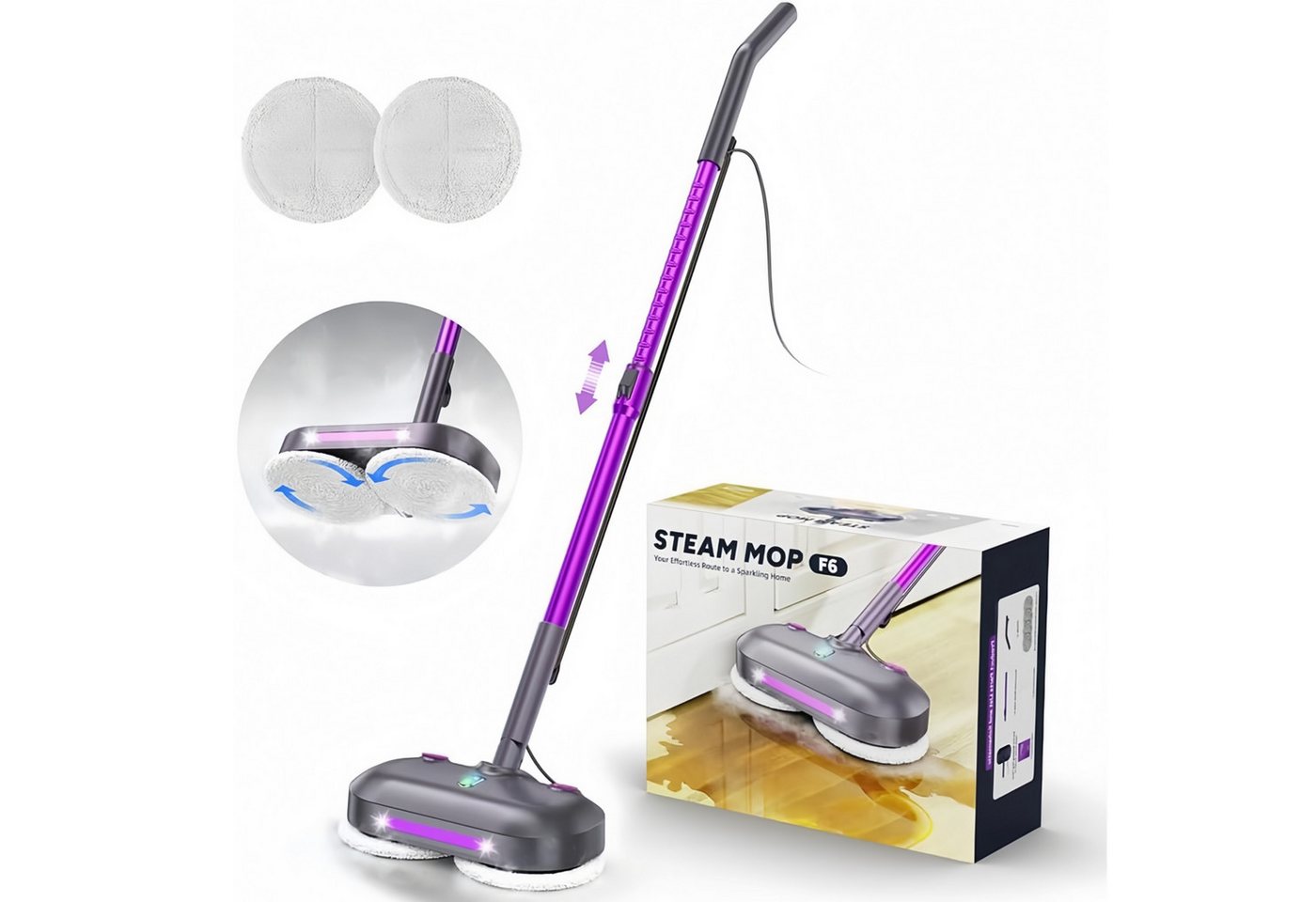 INSE Dampfreiniger F6 E-rotier-Dampfmop mit 450‑ml‑Wassertank/höhenverstellbar/LED‑Blt., 1500 W, 4 waschbare Mikrofaser‑Pads/7m Netzkabel für Fliesen/Laminat/Hartböden Bild 4