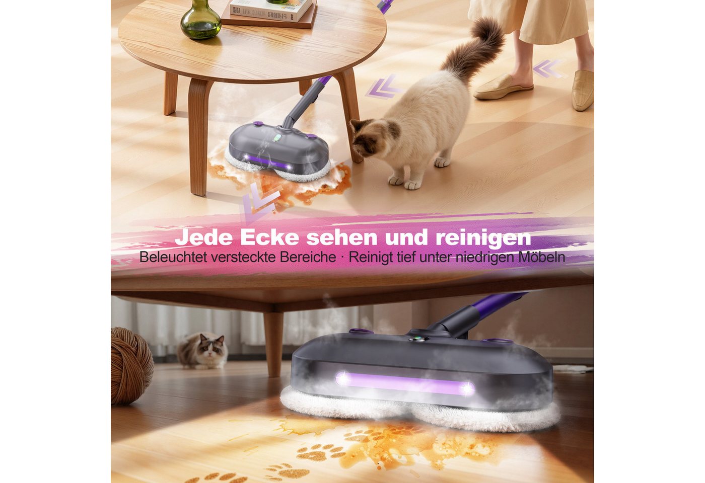 INSE Dampfreiniger F6 E-rotier-Dampfmop mit 450‑ml‑Wassertank/höhenverstellbar/LED‑Blt., 1500 W, 4 waschbare Mikrofaser‑Pads/7m Netzkabel für Fliesen/Laminat/Hartböden Bild 5