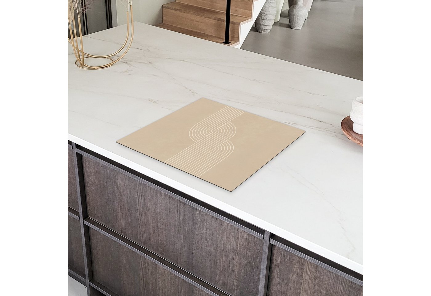 MuchoWow Herd-Abdeckplatte Parallele Linien - Leichte Textur - Beige, Vinyl, (1 tlg), Abdeckplatte für Ceranfeld, Herd Inductionsmatte, 60x50 cm Bild 3
