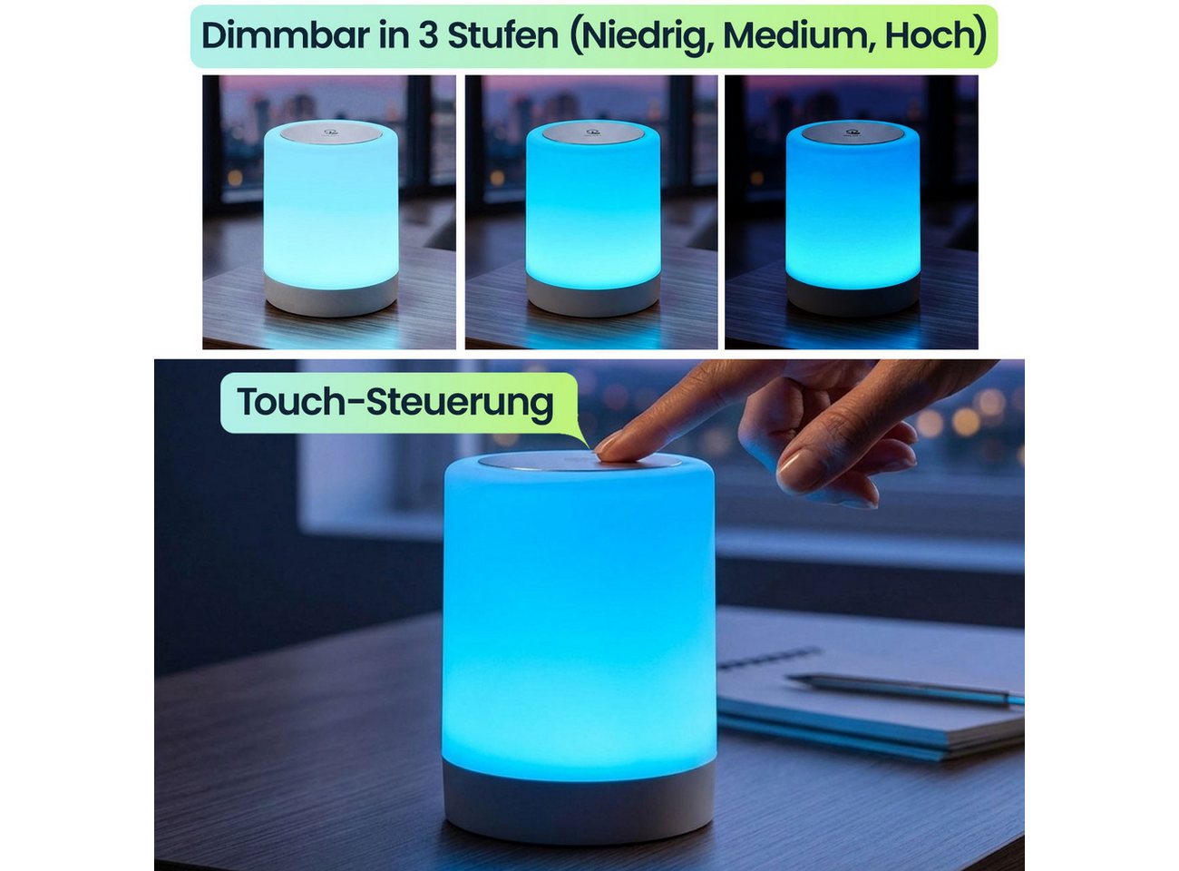 shop'n smile ideoon USB-Tischleuchte Akku Tischlampe Touch-Sensor 3-stufig dimmbar Warmweiß IP20 (1-St., 1er/2er-Set), + 6 RGB-Farben, Farbwechsel per Touch, Tragebügel Bild 2