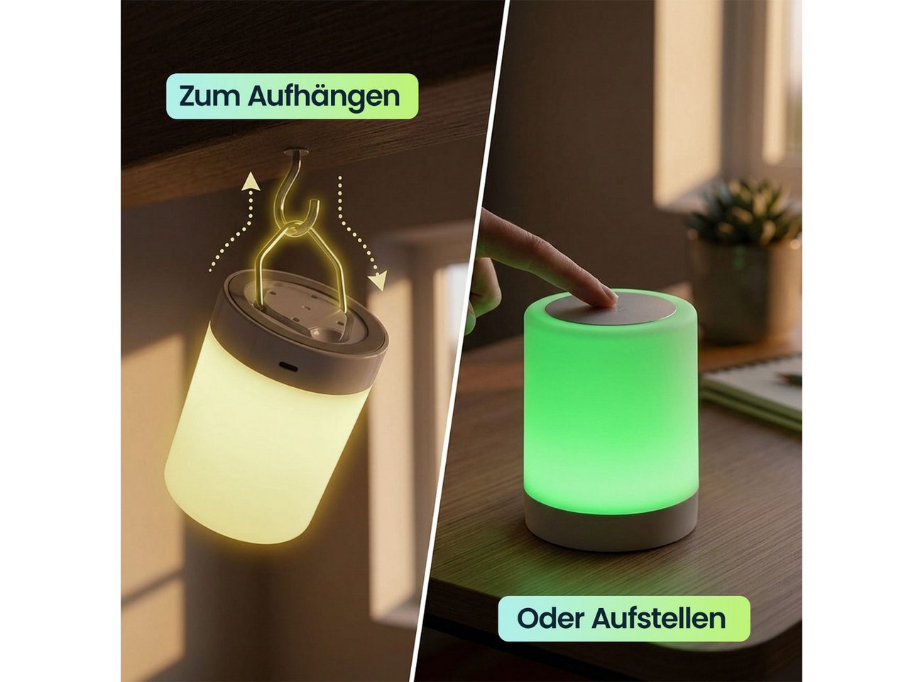 shop'n smile ideoon USB-Tischleuchte Akku Tischlampe Touch-Sensor 3-stufig dimmbar Warmweiß IP20 (1-St., 1er/2er-Set), + 6 RGB-Farben, Farbwechsel per Touch, Tragebügel Bild 3