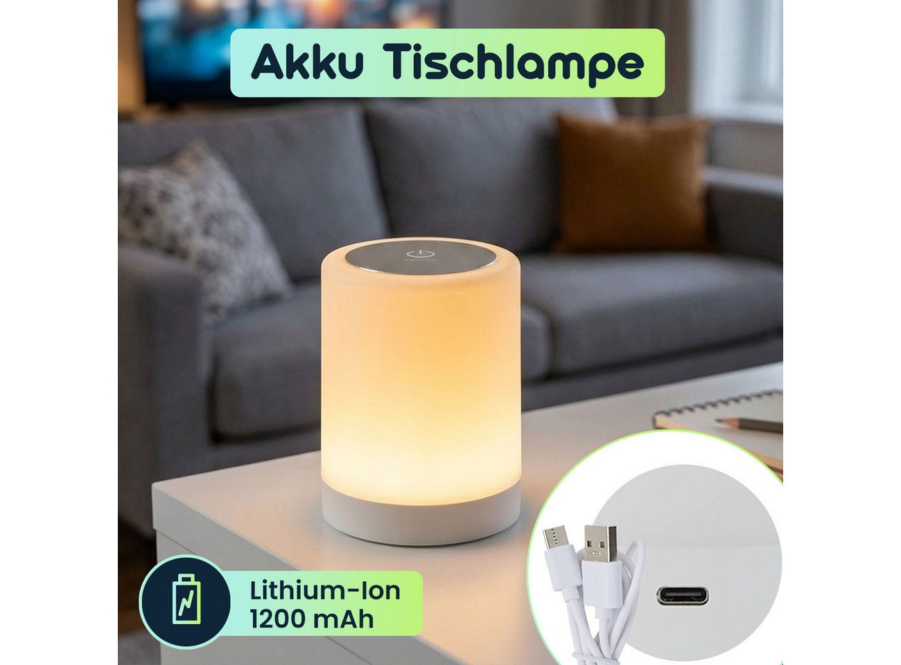 shop'n smile ideoon USB-Tischleuchte Akku Tischlampe Touch-Sensor 3-stufig dimmbar Warmweiß IP20 (1-St., 1er/2er-Set), + 6 RGB-Farben, Farbwechsel per Touch, Tragebügel Bild 5