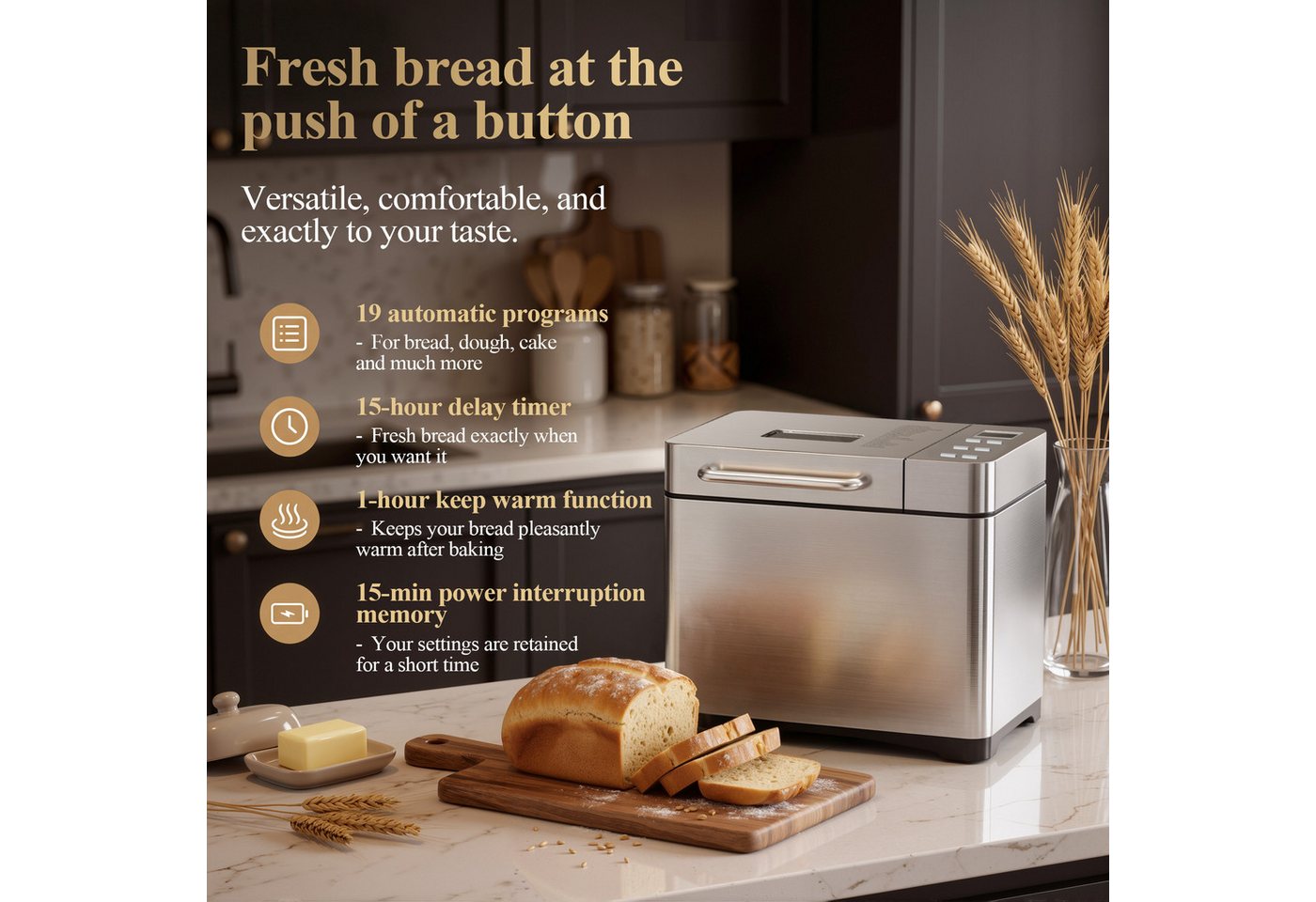 Furnicopia Brotbackautomat 19-in-1 Brotbackautomat, 1kg, Edelstahl, Timer, automatische Beigabe, 19 Programme, 710 W, 19 Programme, 3 Krustenfarben 3 GroBen,Keramik-Antihaft-Backform Bild 4