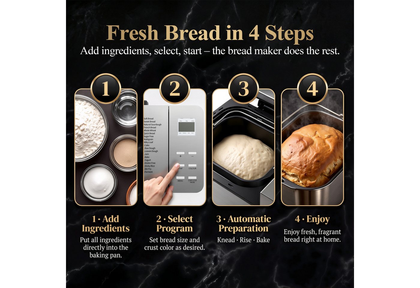 Furnicopia Brotbackautomat 19-in-1 Brotbackautomat, 1kg, Edelstahl, Timer, automatische Beigabe, 19 Programme, 710 W, 19 Programme, 3 Krustenfarben 3 GroBen,Keramik-Antihaft-Backform Bild 5
