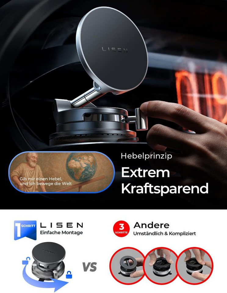 GreenHec Qi2 25W MagSafe Wireless Charger Autohalterung Saugnapf KFZ Ladegerät Wireless Charger (Qi2.2 25W, MagSafe, Vakuum-Saugnapf, USB-C, Temperaturkontrolle)