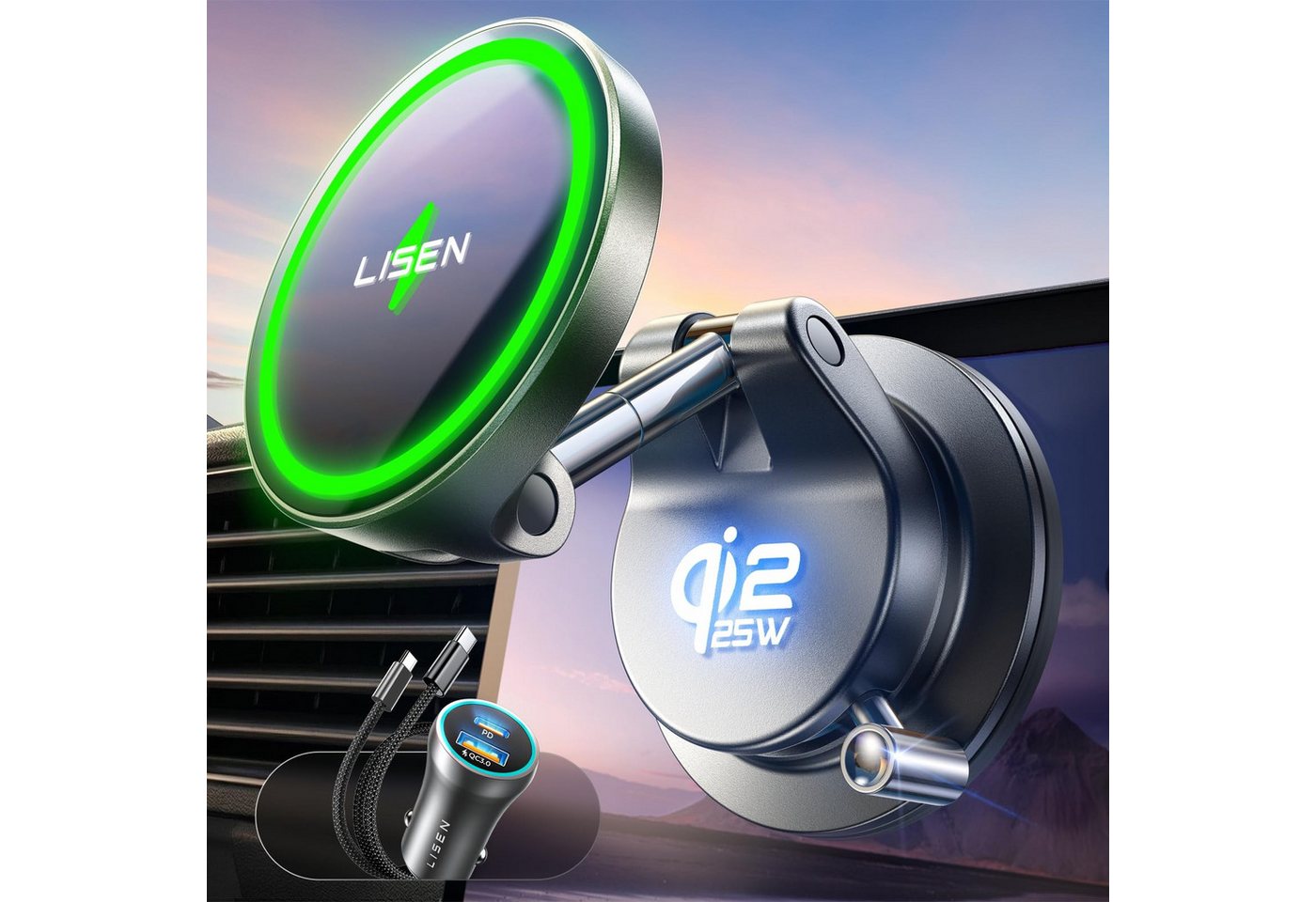 GreenHec Qi2 25W MagSafe Wireless Charger Autohalterung Saugnapf KFZ Ladegerät Wireless Charger (Qi2.2 25W, MagSafe, Vakuum-Saugnapf, USB-C, Temperaturkontrolle) Bild 3