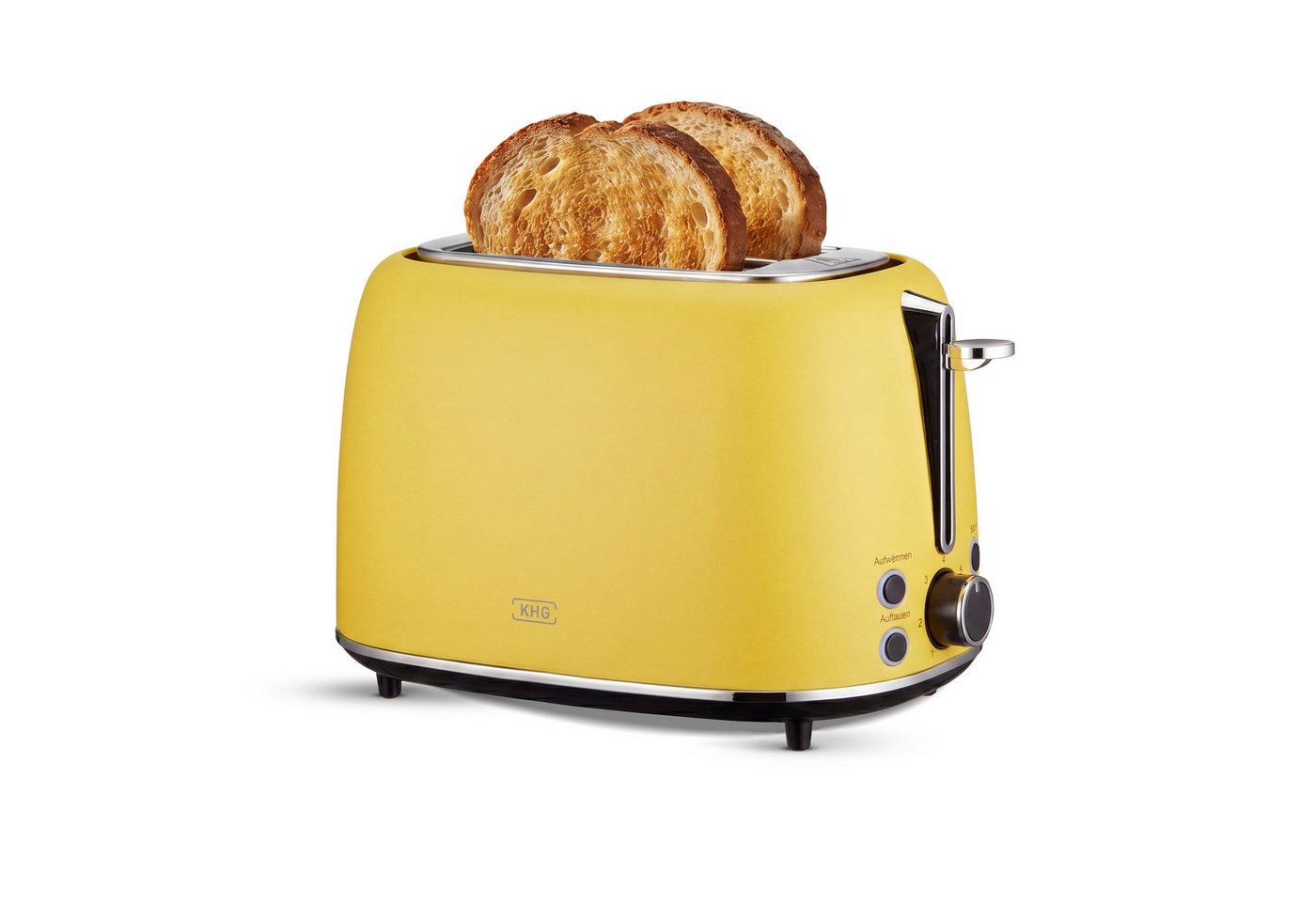 KHG Toaster Edelstahl Gelb, 930 W, 2 Scheiben-Toaster mit Brötchenaufsatz, 2 kurze Schlitze, für 2 Scheiben, 930 W, Auftau- und Aufwärmfunktion, Abschaltautomatik, Krümelschublade