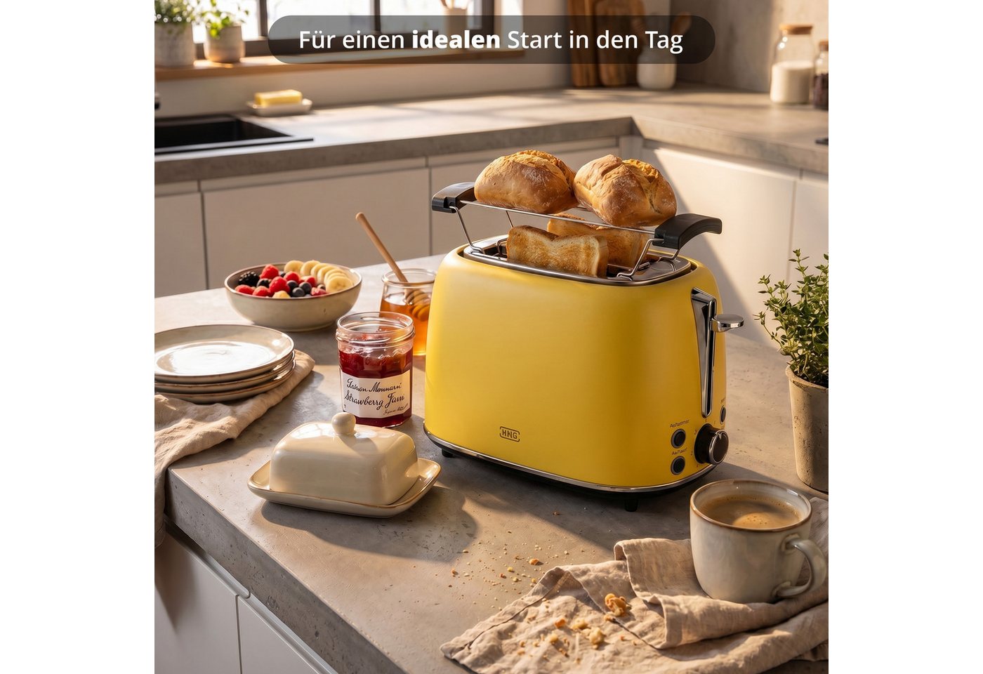 KHG Toaster Edelstahl Gelb, 930 W, 2 Scheiben-Toaster mit Brötchenaufsatz, 2 kurze Schlitze, für 2 Scheiben, 930 W, Auftau- und Aufwärmfunktion, Abschaltautomatik, Krümelschublade Bild 2