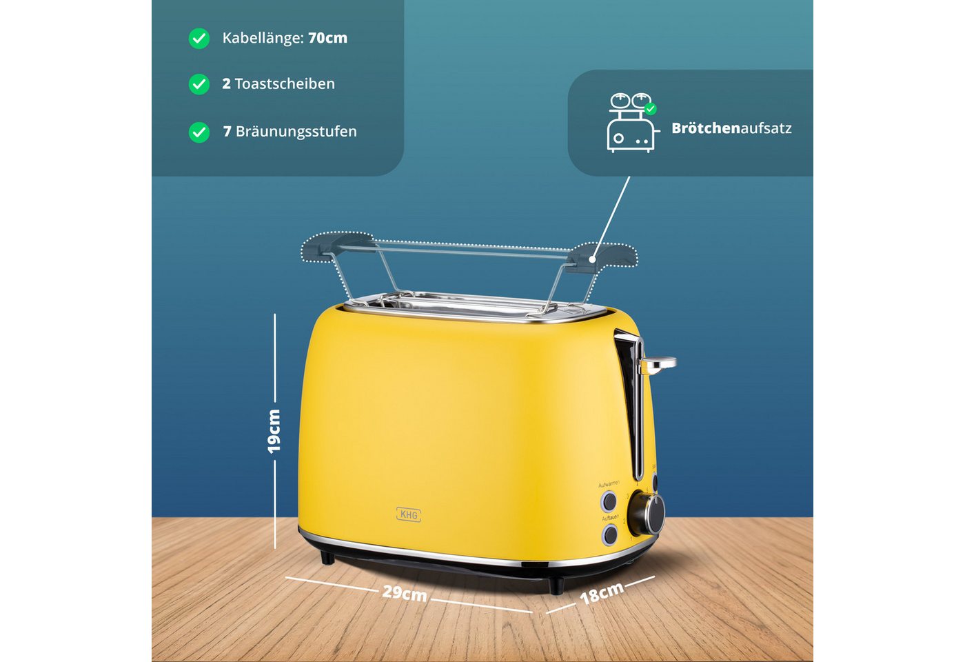 KHG Toaster Edelstahl Gelb, 930 W, 2 Scheiben-Toaster mit Brötchenaufsatz, 2 kurze Schlitze, für 2 Scheiben, 930 W, Auftau- und Aufwärmfunktion, Abschaltautomatik, Krümelschublade Bild 3