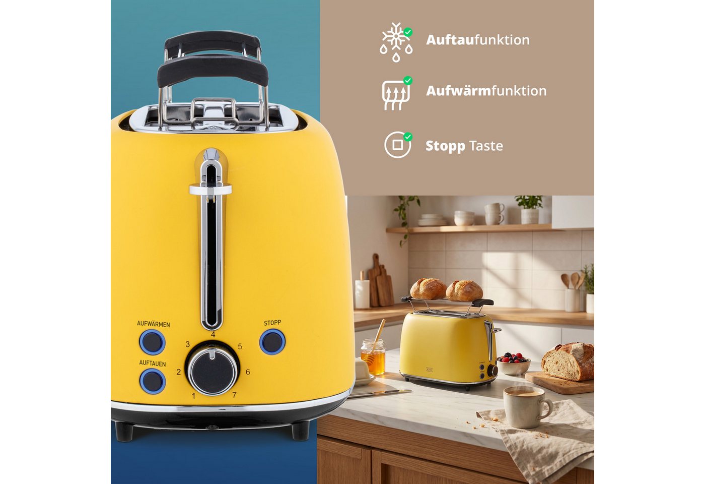 KHG Toaster Edelstahl Gelb, 930 W, 2 Scheiben-Toaster mit Brötchenaufsatz, 2 kurze Schlitze, für 2 Scheiben, 930 W, Auftau- und Aufwärmfunktion, Abschaltautomatik, Krümelschublade Bild 4