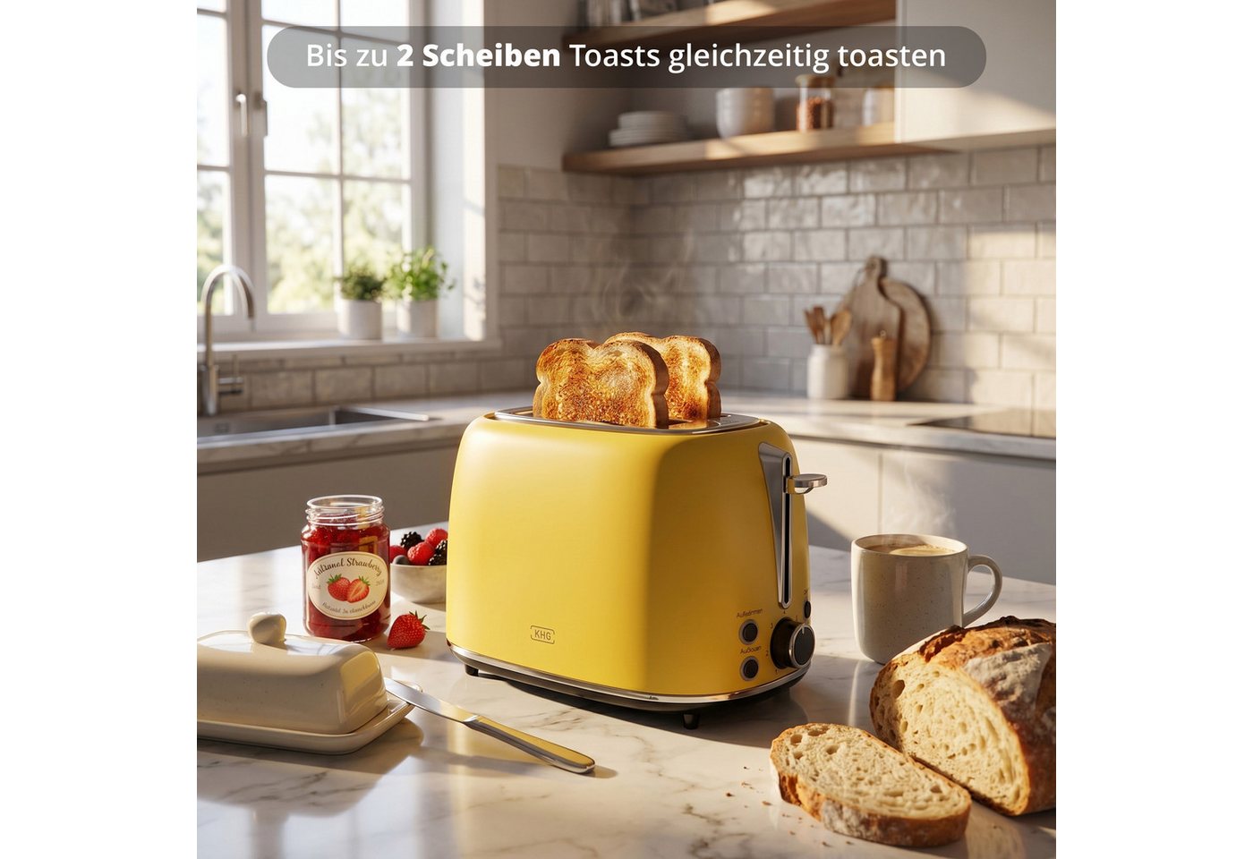 KHG Toaster Edelstahl Gelb, 930 W, 2 Scheiben-Toaster mit Brötchenaufsatz, 2 kurze Schlitze, für 2 Scheiben, 930 W, Auftau- und Aufwärmfunktion, Abschaltautomatik, Krümelschublade Bild 5